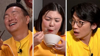 山内チームの（左から）かまいたち山内、紅しょうが・熊元プロレス、さや香・新山