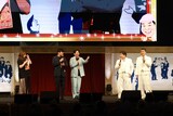 ダチョウ倶楽部と、MCを務めた（左から）野呂佳代、劇団ひとり、有吉弘行
