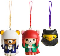 根付マスコット。左からリラックマ、コリラックマ、キイロイトリ。