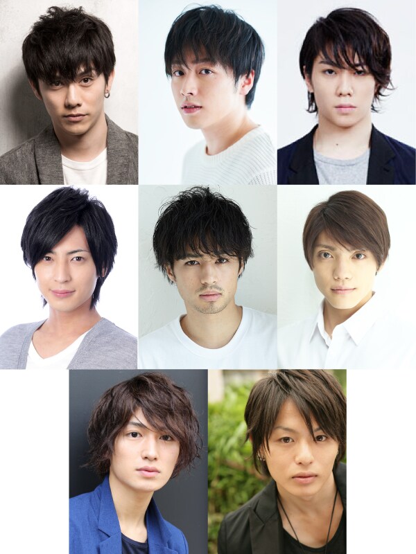 「もののふシリーズ『瞑るおおかみ黒き鴨』」出演者。上段左から青木玄徳 、鈴木勝吾、早乙女友貴。中段左から、斉藤秀翼、佐伯大地、伊崎龍次郎。下段左から、松田凌、荒木宏文。