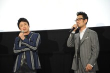 「シネマ歌舞伎版『歌舞伎NEXT 阿弖流為〈アテルイ〉』」完成披露上映会より、左から市川染五郎、中村勘九郎。