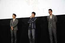 「シネマ歌舞伎版『歌舞伎NEXT 阿弖流為〈アテルイ〉』」完成披露上映会より、左から中村七之助、市川染五郎、中村勘九郎。