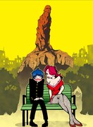 「ある日 石像公園で」のイラスト。