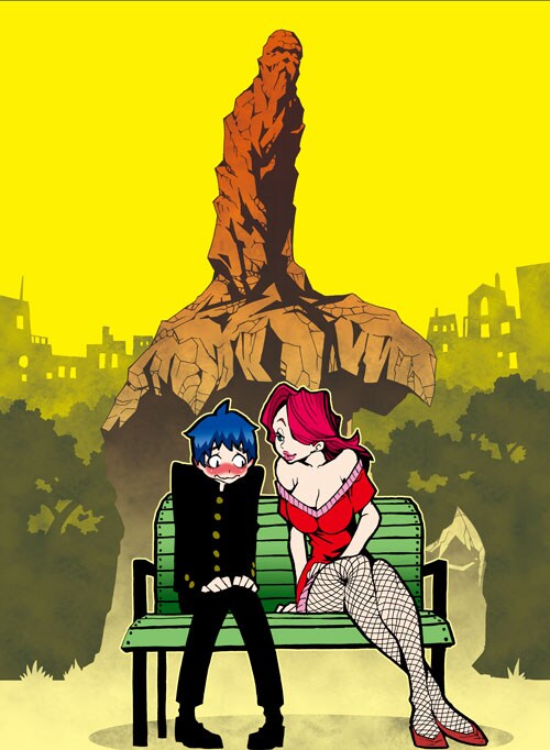 「ある日 石像公園で」のイラスト。