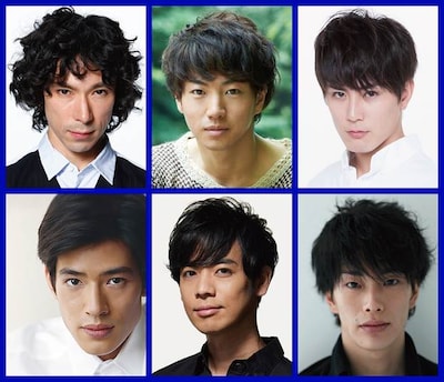 朗読劇「『季節が僕たちを連れ去ったあとに』～『寺山修司からの手紙』山田太一編（岩波書店刊）より～」の出演者。左上から時計回りに首藤康之、矢崎広、間宮祥太朗、玉置玲央、山口翔悟、中島歩。