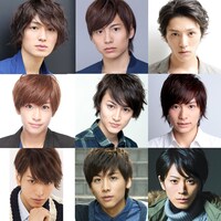 「男水！」出演者。上段左から松田凌、宮崎秋人、安西慎太郎、中段左から赤澤燈、佐藤永典、小澤廉、下段左から黒羽麻璃央、池岡亮介、廣瀬智紀。