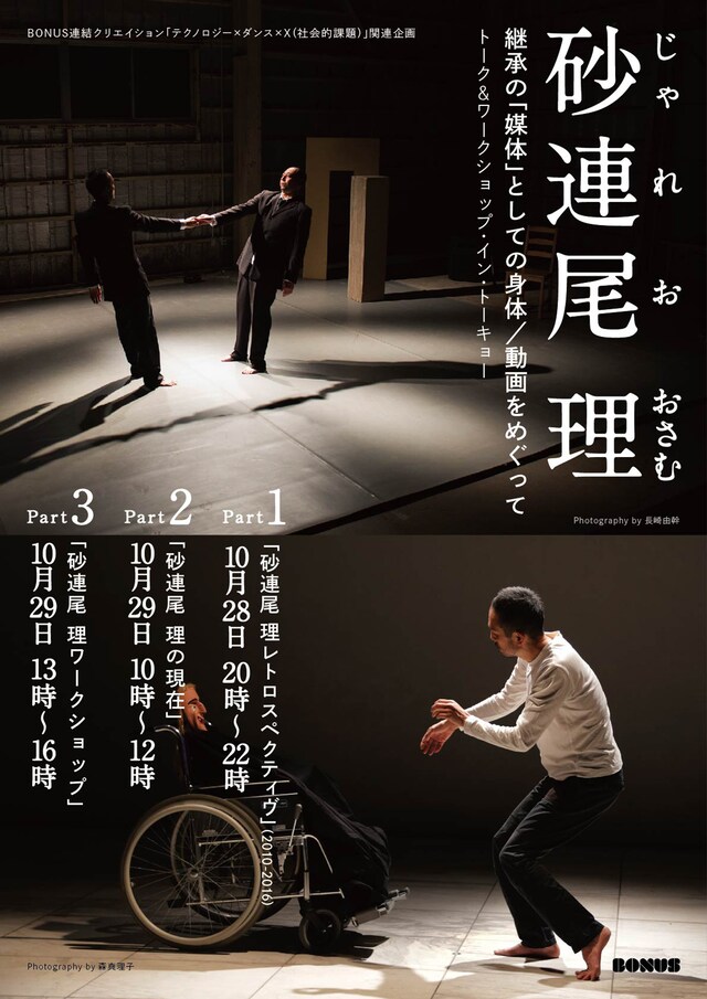 BONUS連結クリエイション「テクノロジー×ダンス×X（社会的課題）」関連企画「継承の『媒体』としての身体／動画をめぐって 砂連尾理トーク＆ワークショップ・イン・トーキョー」チラシ表