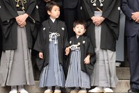 「三代目中村勘太郎 二代目中村長三郎 初舞台 浅草寺お練り成功祈願」より、左から波野七緒八、波野哲之。