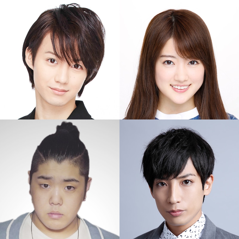 左上から時計回りに、小越勇輝（のび太役）、樋口日奈（しずか役）、陳内将（スネ夫役）、皇希（ジャイアン役）。