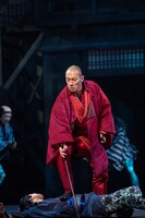 「六本木歌舞伎 第二弾『座頭市』」公開舞台稽古より、市川海老蔵演じる市。