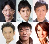 世田谷パブリックシアター開場20周年記念公演「子午線の祀り」の出演者。上段左から時計回りに野村萬斎、成河、河原崎國太郎、若村麻由美、村田雄浩、今井朋彦。