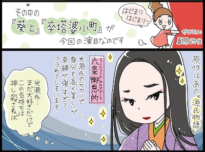 「近代能楽集より『葵上・卒塔婆小町』」の“よくわかる、マンガでわかる作品紹介。1分でわかるストーリーから見どころをご案内”より。