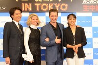 「トニー賞 コンサート in TOKYO」ミニ会見より。左から井上芳雄、ケリー・オハラ、マシュー・モリソン、濱田めぐみ。