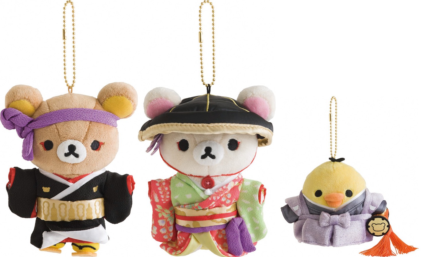 ぬいぐるみボールチェーン。左からリラックマ、コリラックマ、キイロイトリ。
