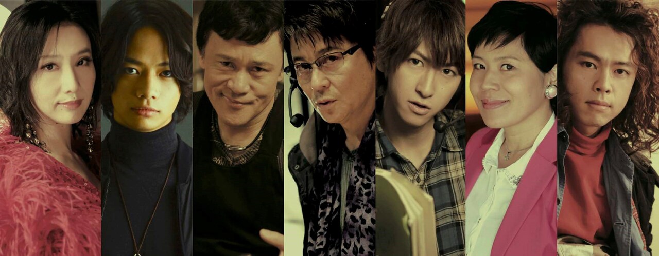 ミュージカル「HEADS UP!」再演の出演者。左から大空ゆうひ、池田純矢、橋本じゅん、哀川翔、相葉裕樹、青木さやか、中川晃教。