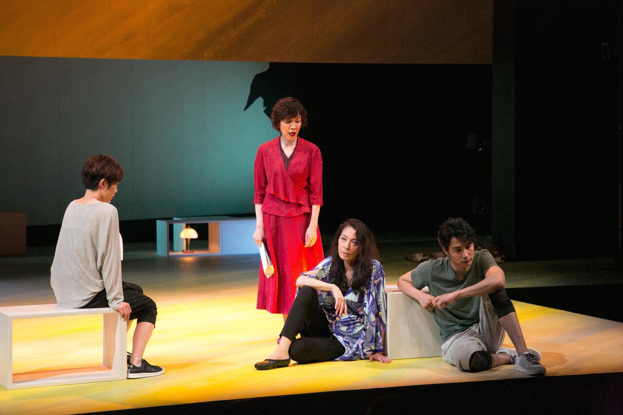「OTHER DESERT CITIES アザー・デザート・シティーズ」より。左から寺島しのぶ、佐藤オリエ、麻実れい、中村蒼。（写真提供：梅田芸術劇場）