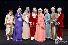 「イムリ」出演者。左からドープ役の塩崎こうせい、ピアジュ役の緒月遠麻、ラルド役の秋沢健太朗、デュルク役の内海啓貴、ミューバ役の谷佳樹、イマク役の北乃颯希、ガラナダ役の塩田康平、ガヴィド役の西野太盛。（撮影：鏡田伸幸）