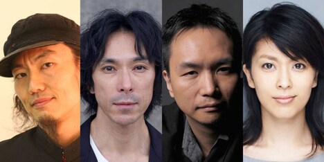 「かがみのかなたはたなかのなかに」の出演者。左から近藤良平、首藤康之、長塚圭史、松たか子。