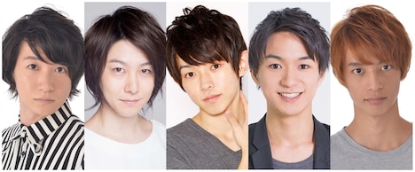 左から不破雷蔵役の吉田翔吾、鉢屋三郎役の久下恭平、尾浜勘右衛門役の佐藤智広、久々知兵助役の山木透、竹谷八左ヱ門役の栗原大河。