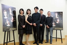 「怪人二十面相 ～黒蜥蜴 二の替わり～」記者懇親会より、左から春本由香、貴城けい、喜多村緑郎、河合雪之丞、齋藤雅文。