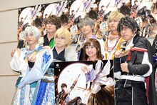 「イケメン戦国 THE STAGE～織田信長編～」囲み取材より、後列左から豊臣秀吉役の緑川陸、石田三成役の天野眞隆、徳川家康役の杉山真宏。前列左から明智光秀役の橋本全一、上杉謙信役の橘龍丸、水崎舞役の早乃香織、織田信長役の小笠原健。