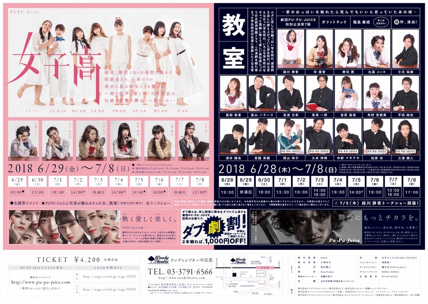 左から「女子高」チラシ裏、「教室～君のおっぱいを触れたら死んでもいいと思っていたあの頃～」チラシ裏。