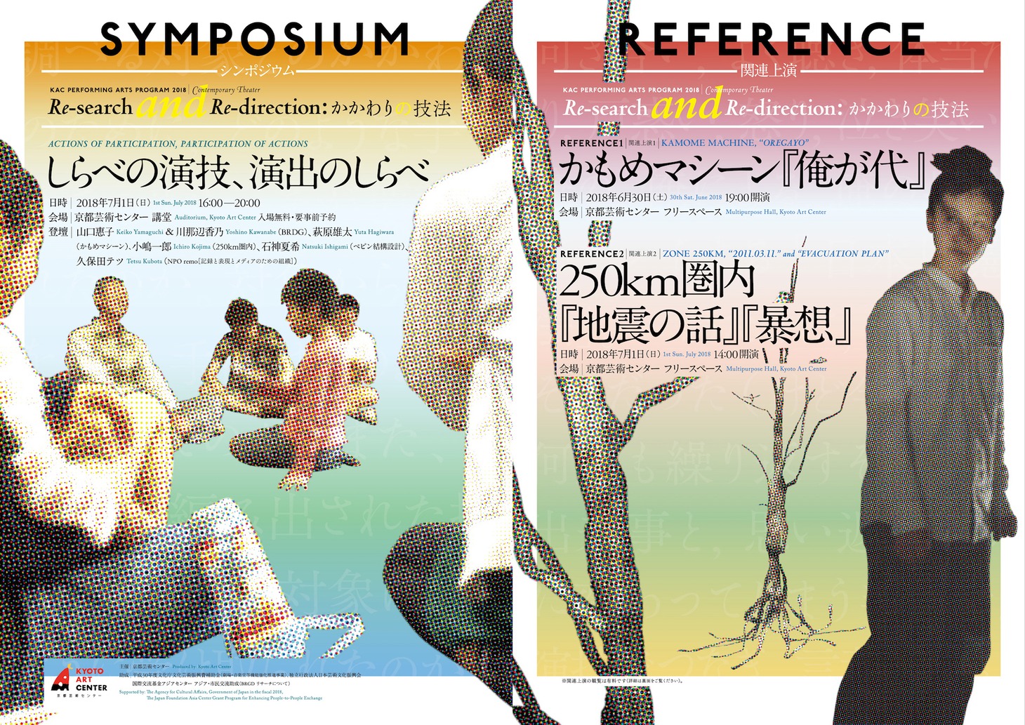 「KAC Performing Arts Program 2018/ Re-search and Re-direction: かかわりの技法」シンポジウムと関連上演のチラシ表。