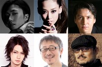 音楽活劇「SHIRANAMI」出演者ほか。左上から時計回りに早乙女太一、龍真咲、伊礼彼方、脚本・演出のG2、松尾貴史、喜矢武豊（ゴールデンボンバー）。