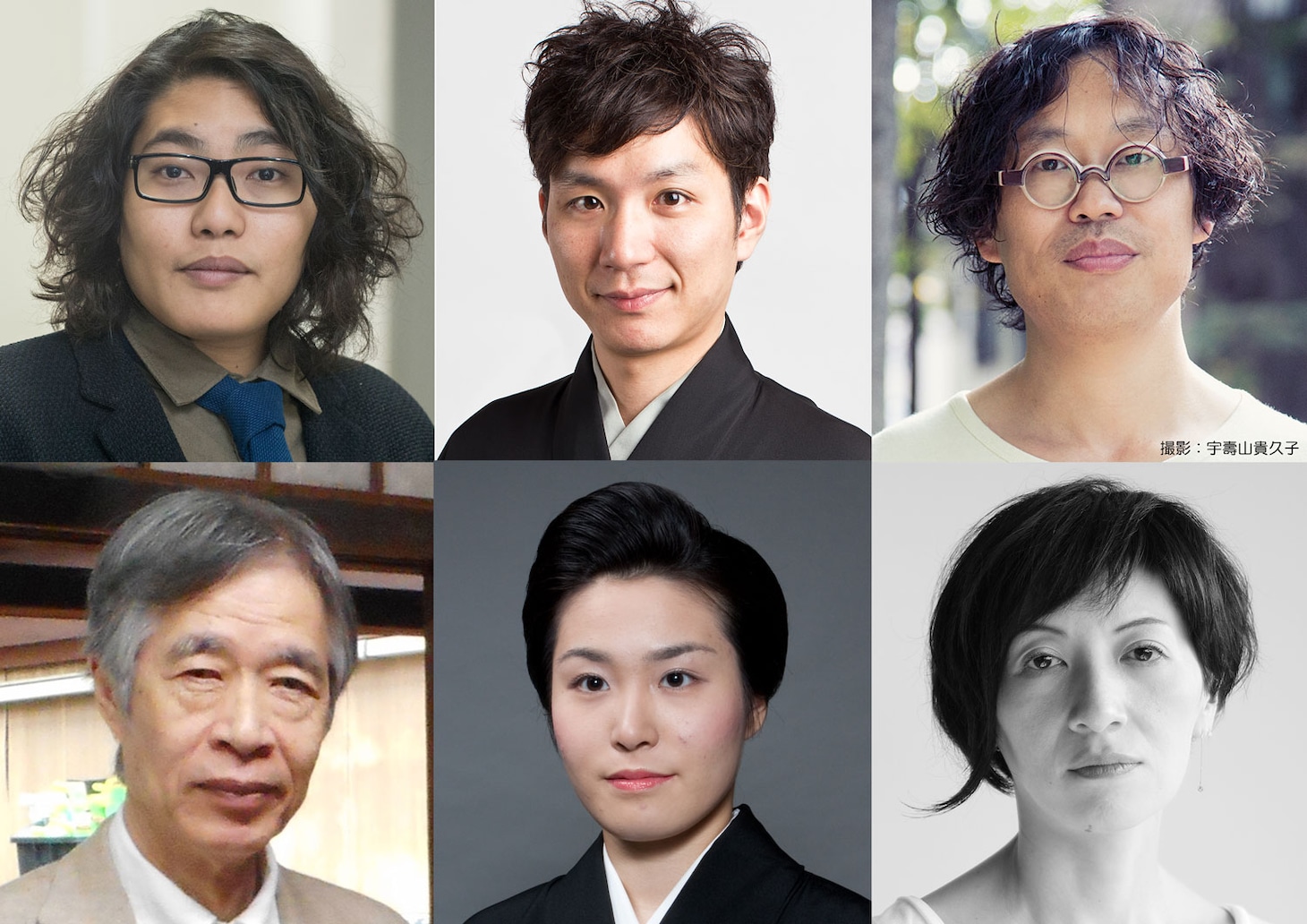上段左から木ノ下裕一、童司改メ三世茂山千之丞、岡田利規。下段左から天野文雄、井上安寿子、寺田みさこ。