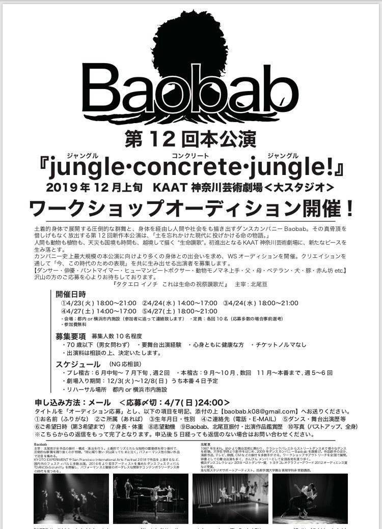 Baobab 第12回本公演「jungle・concrete・jungle!」ワークショップオーディションのチラシ。