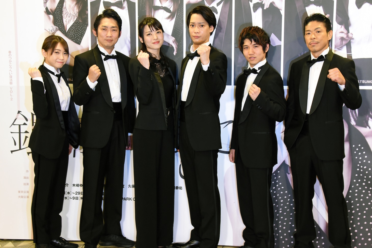 「銀幕の果てに」囲み取材より。左から木崎ゆりあ、石田明、矢島舞美、味方良介、佐久本宝、松本利夫。