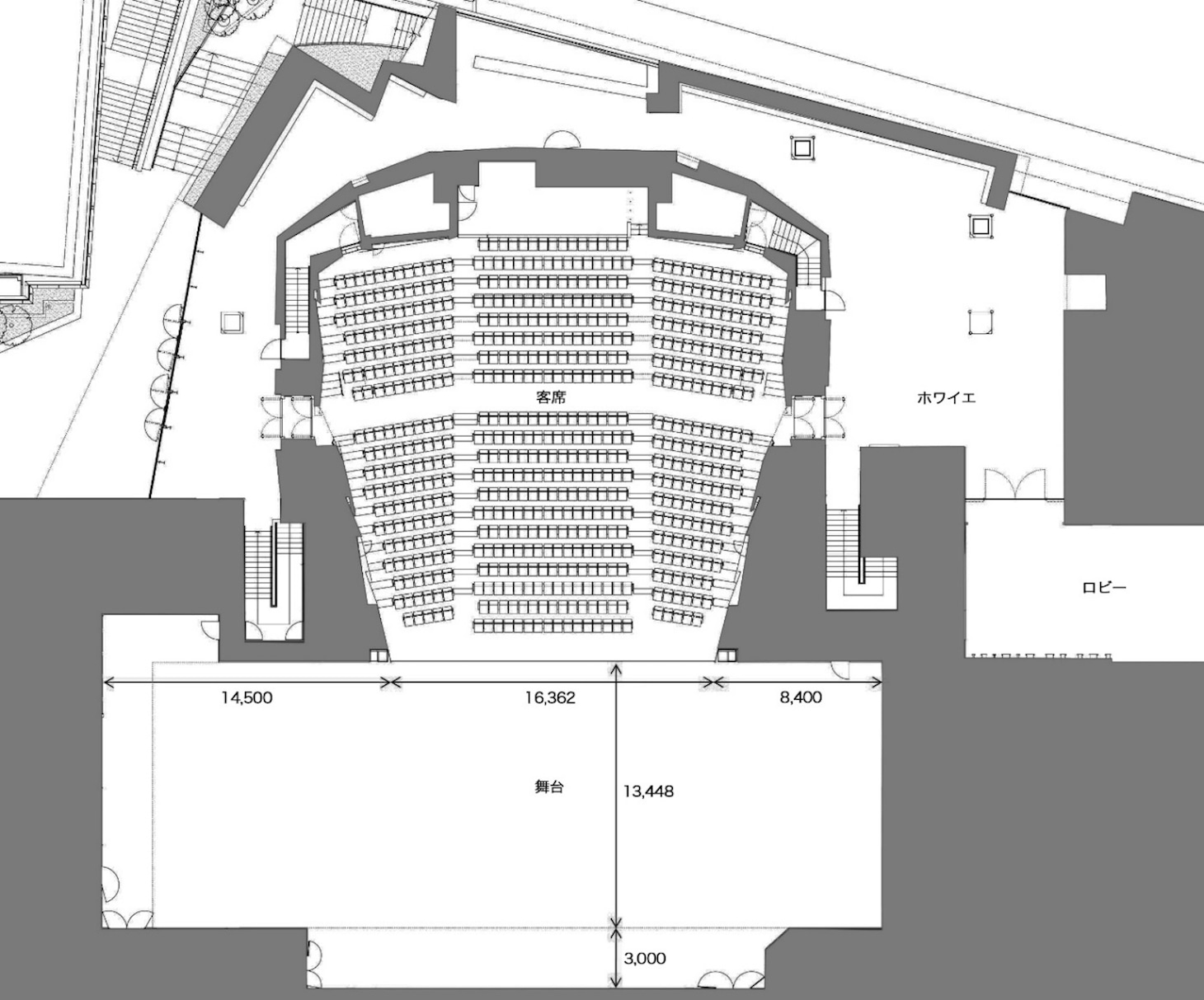 新生パルコ劇場の図面。（図面・パース提供：株式会社 竹中工務店）