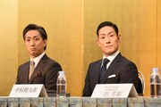 「明治座 三月花形歌舞伎」製作発表より、左から中村七之助、中村勘九郎。
