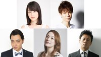 上段左から生田絵梨花、柿澤勇人。下段左から斉藤慎二、シルビア・グラブ、橋本じゅん。