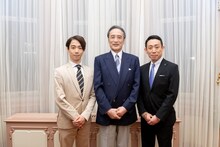 左から片岡千之助、片岡仁左衛門、片岡孝太郎。