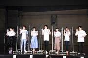 「TOHO MUSICAL LAB.」製作発表の様子。左から根本宗子、海宝直人、生田絵梨花、木村達成、田村芽実、妃海風、三浦直之。