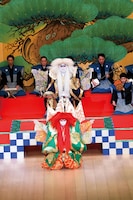 2020年1月 東京・歌舞伎座「澤瀉十種の内 連獅子」より。市川猿之助演じる狂言師右近後に親獅子の精（上）、市川團子演じる狂言師左近後に仔獅子の精（下）。(c)松竹