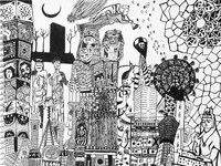 菊沢将憲最初期絵画展「一本の線から」より、「復興2」。