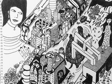 菊沢将憲最初期絵画展「一本の線から」より、「復興3」。