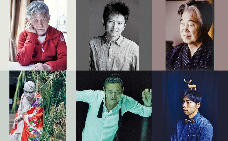 左上から時計回りに高橋睦郎(c)Jorgen Axelvall、平出隆(c)Takashi Mochizuki、宗左近、浅井信好(c)Junya Igarashi、鈴木ユキオ(c)Yoshikazu Inoue、田村一行(c)小林直博 / 鶴と亀