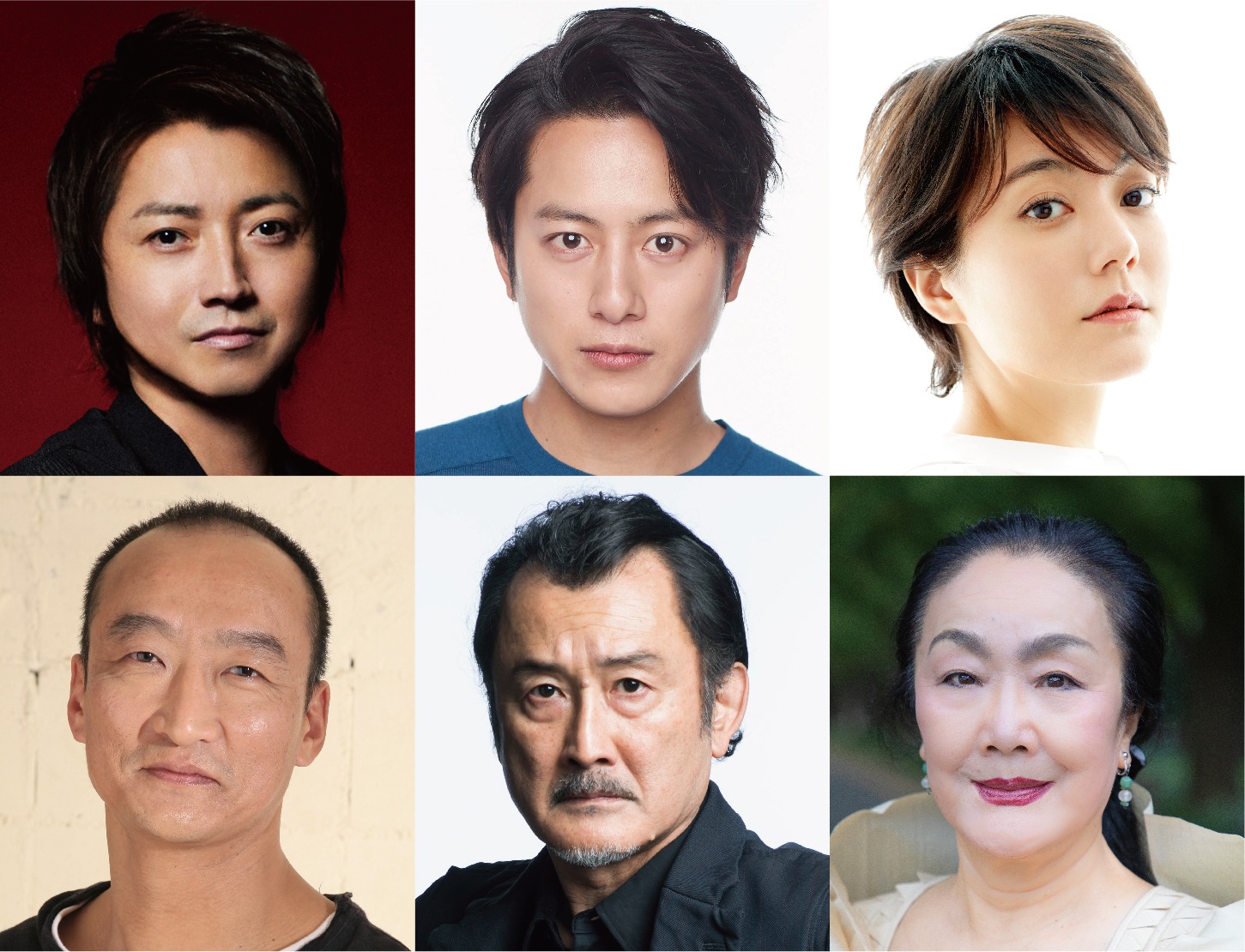 「ムサシ」の出演者。上段左から藤原竜也、溝端淳平、鈴木杏。下段左から塚本幸男、吉田鋼太郎、白石加代子。