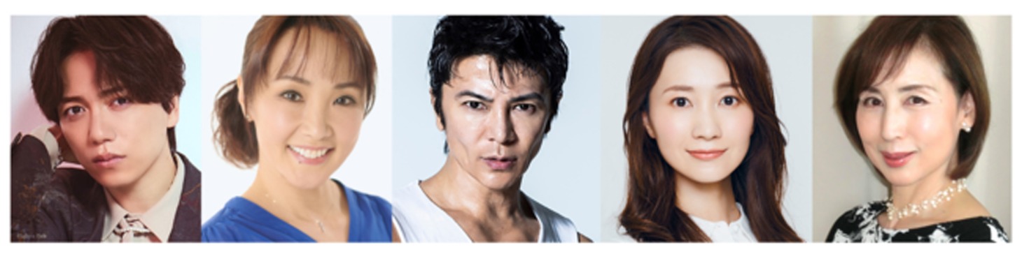 左から山崎育三郎、濱田めぐみ、武田真治、夢咲ねね、杜けあき。