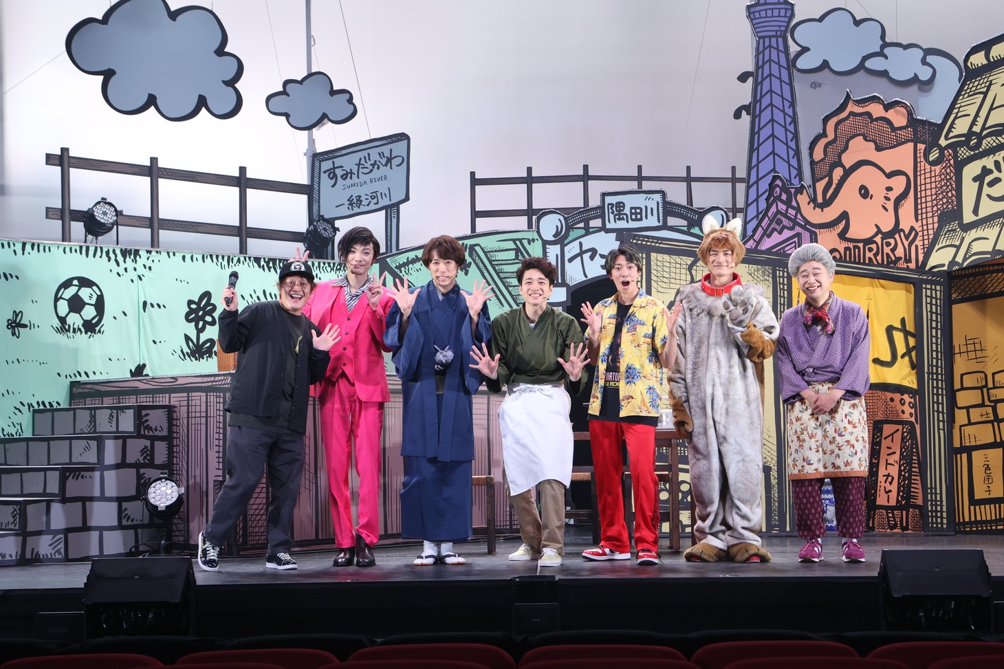 左から小林顕作、野澤祐樹（ジャニーズJr.）、越岡裕貴、福田悠太、辰巳雄大、松崎祐介、前野朋哉。