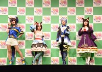 「舞台『ウマ娘 プリティーダービー』～Sprinters' Story～」製作発表より、左からダイタクヘリオス役の山根綺、ヤマニンゼファー役の今泉りおな、ケイエスミラクル役の佐藤日向、ダイイチルビー役の礒部花凜。