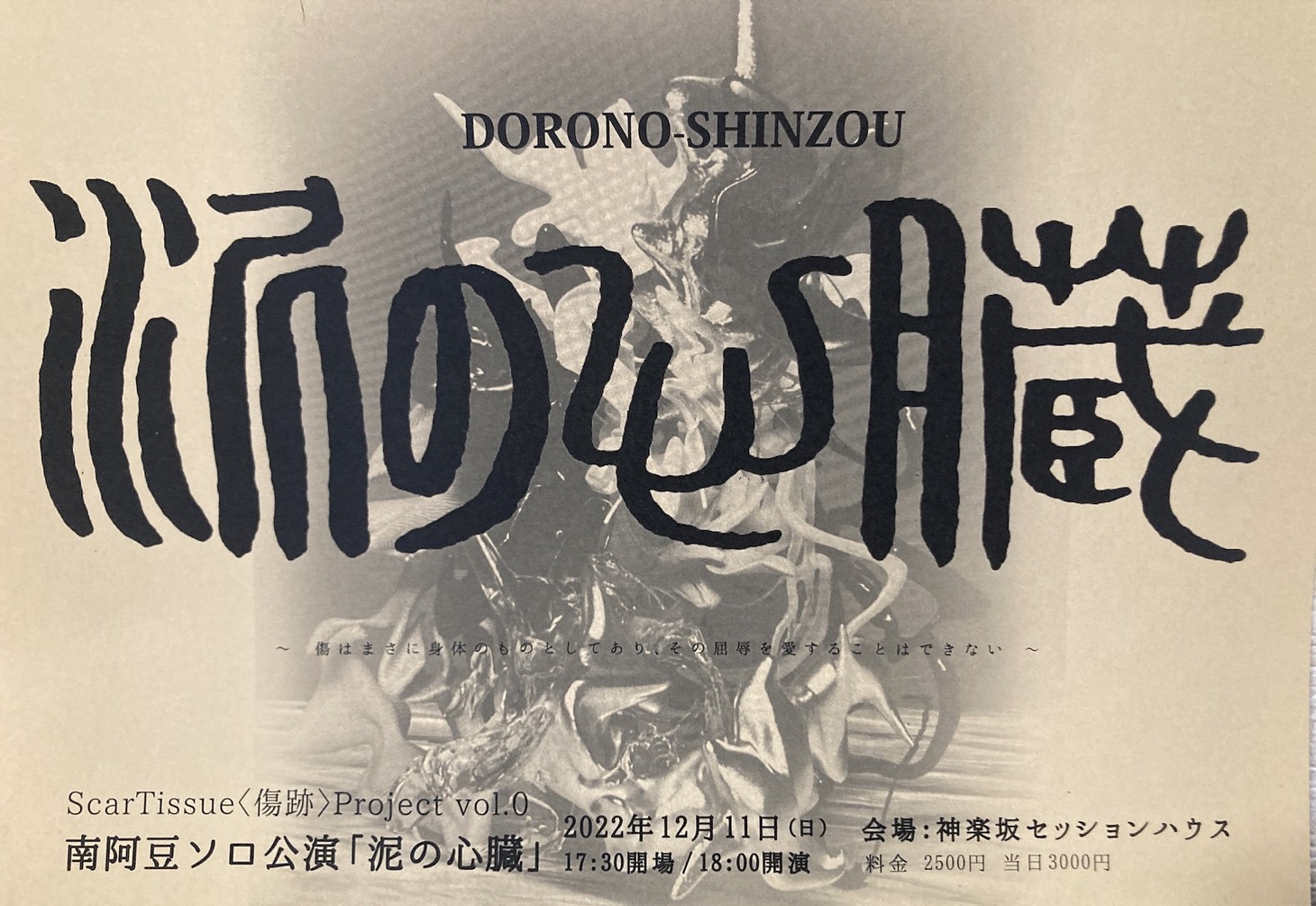 Scar Tissue〈傷跡〉Project vol.0 南阿豆（みなみあず）ソロ公演2022「『泥の心臓』～heart of mud～」チラシ表