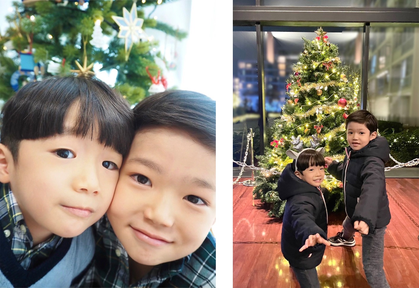 クリスマスツリーの前でツーショット！ 頬をぴったり合わせて、兄弟の仲の良さが伝わってくるかわいい1枚。