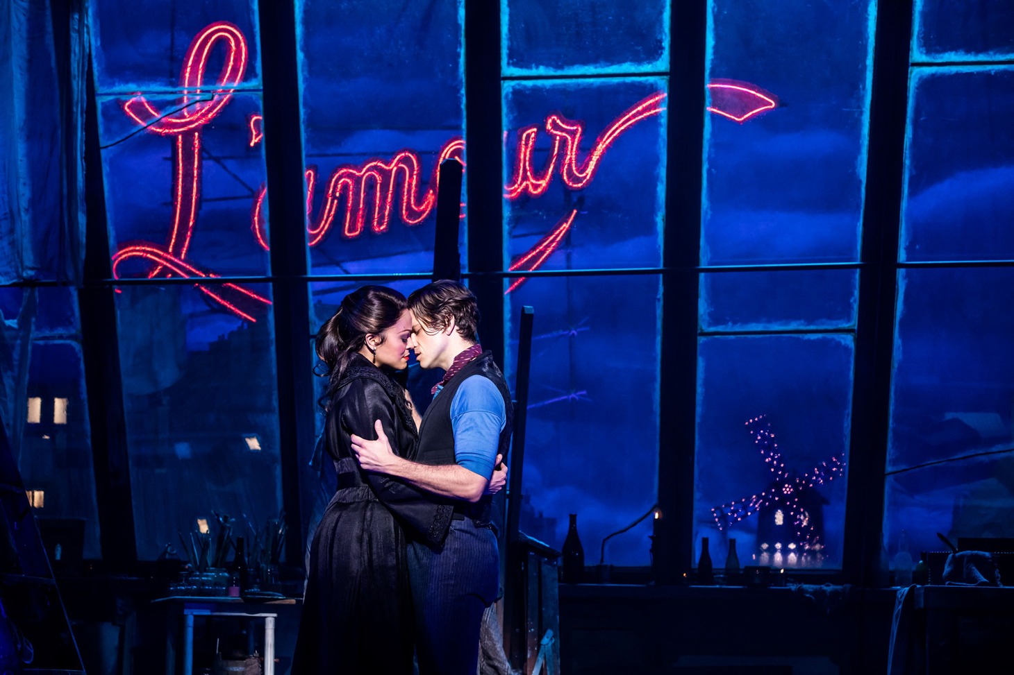 Karen Olivo as Satine and Aaron Tveit as Christian Karen
