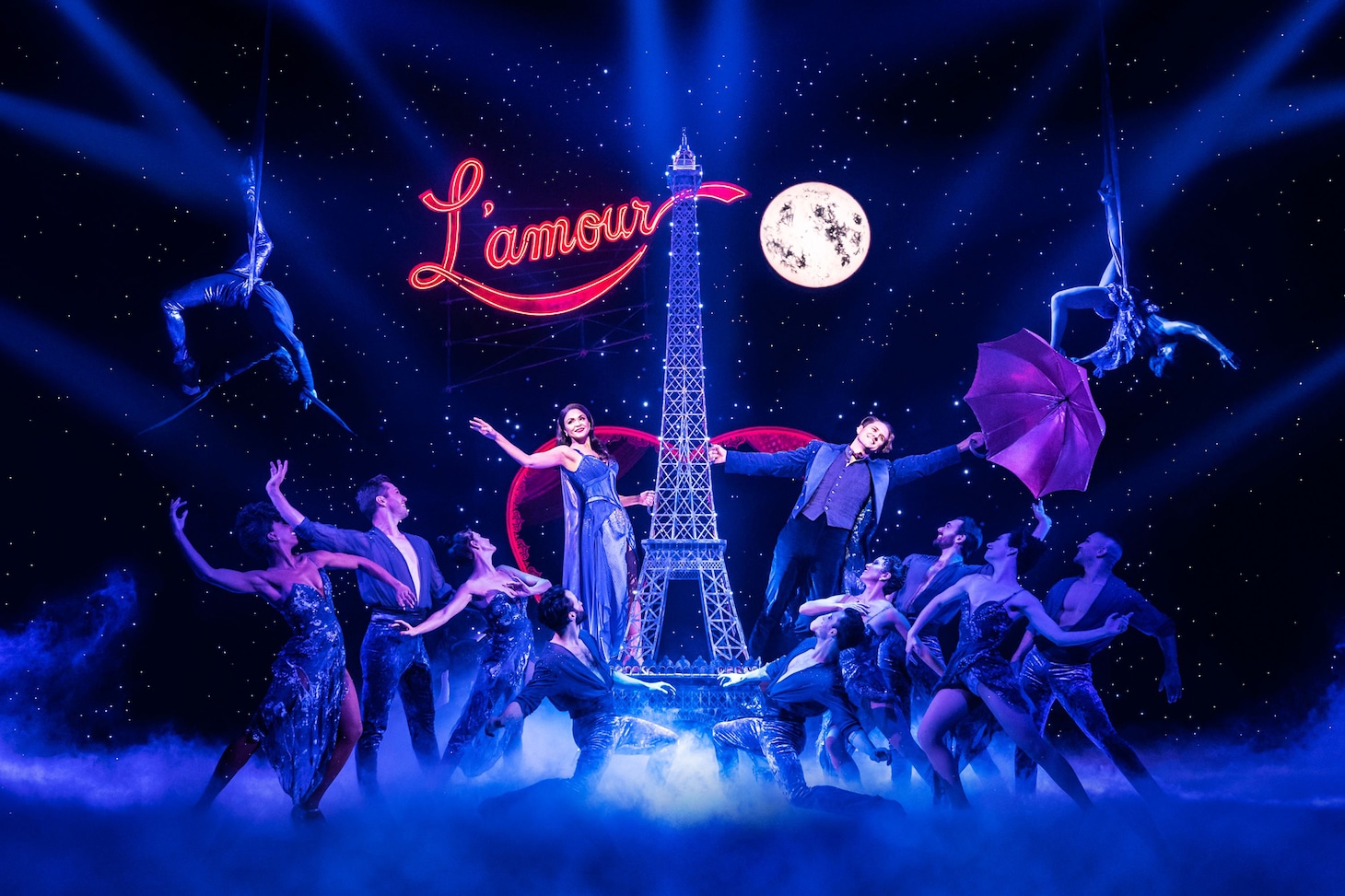 Karen Olivo as Satine, Aaron Tveit as Christian and the company of Moulin Rouge! The Musical