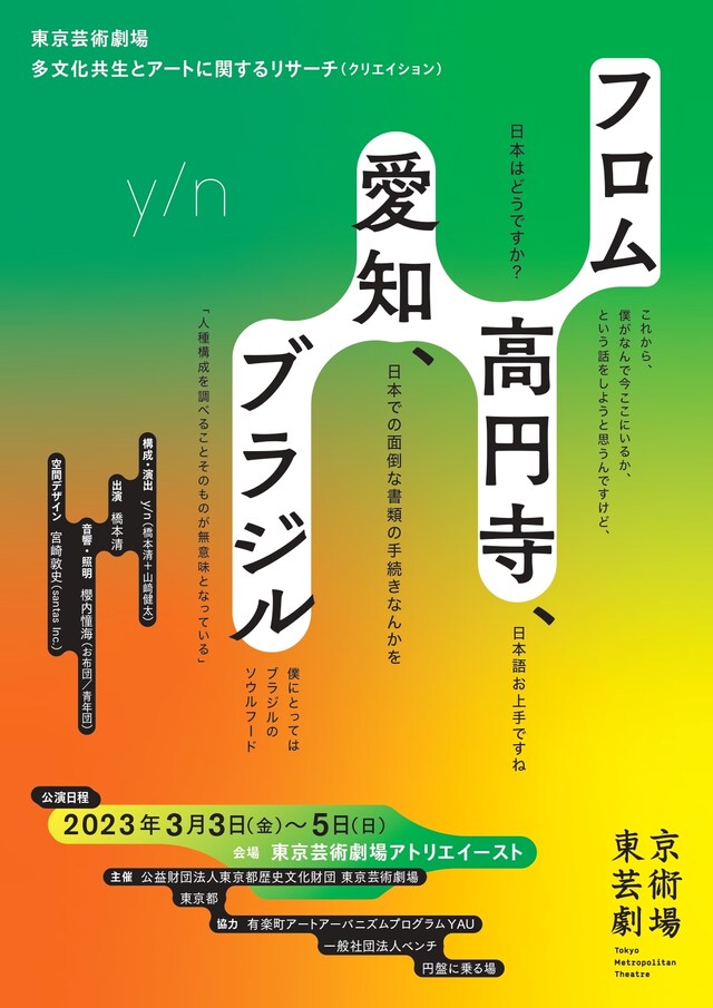 東京芸術劇場 | レクチャー・パフォーマンス y/n「フロム高円寺、愛知、ブラジル」チラシ表