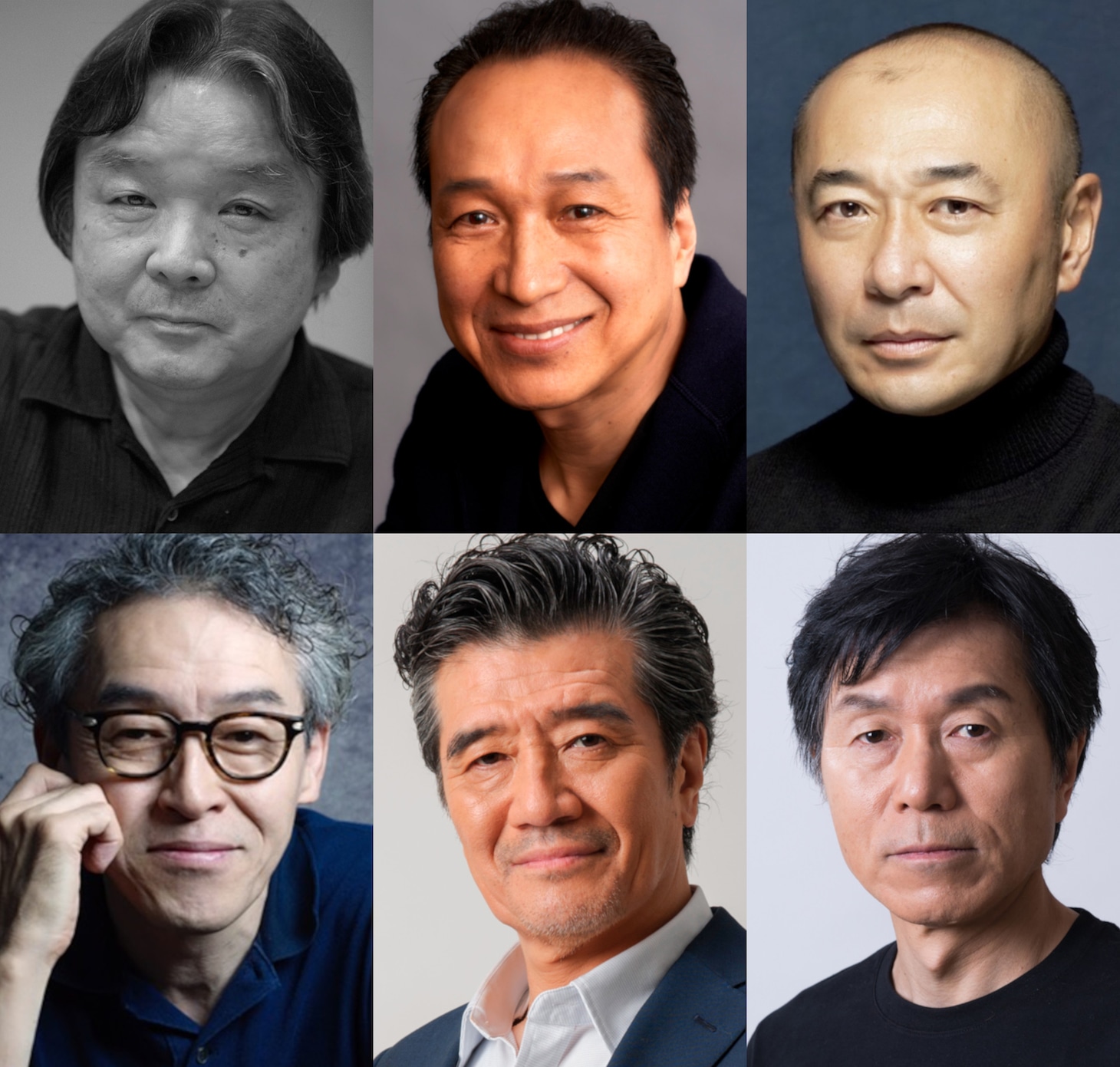 上段左から栗山民也、小日向文世、高橋克実。下段左から浅野和之、大谷亮介、平田満。